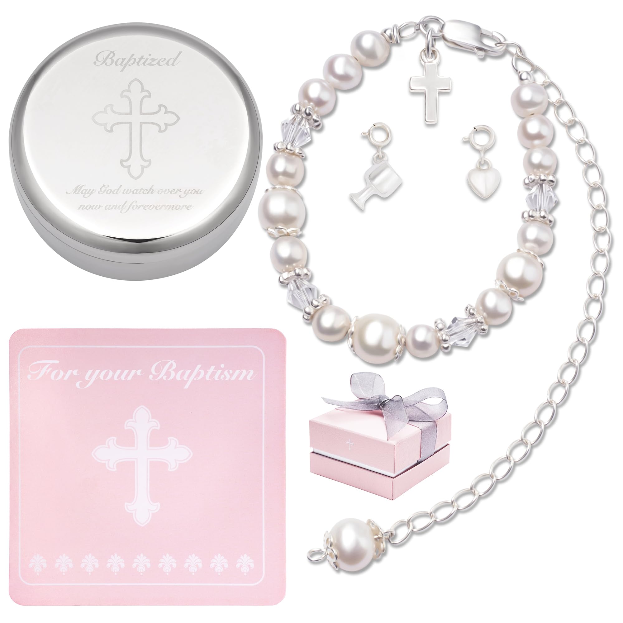 Tryuunion Baptism Bracelet in Sterling Silver and Cultured Pearls for Baby Girls, Comes with a Unique Silver-plated Jewelry Keep