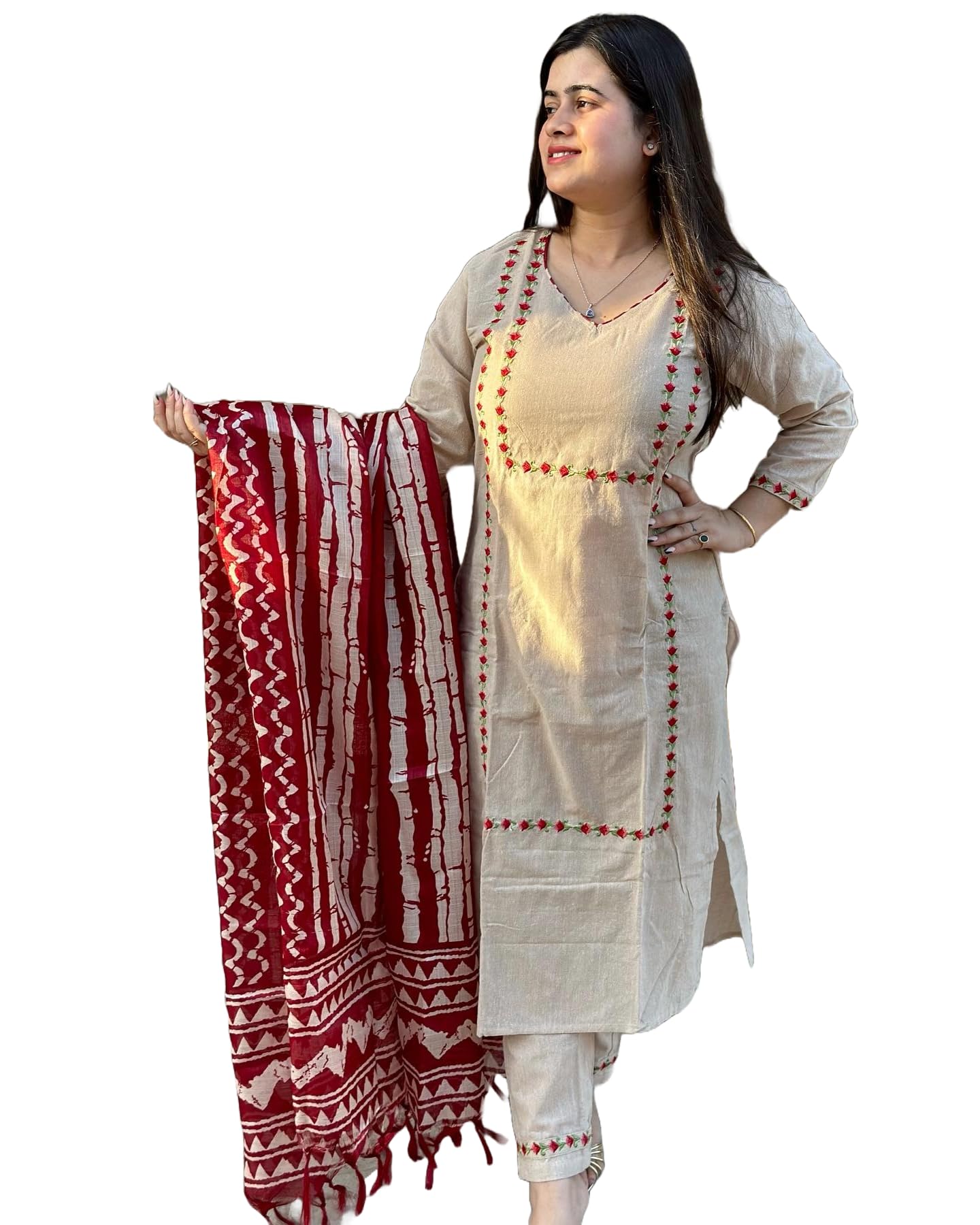 Anni Designer Women'S Cotton Blend Straight Embroidered Kurta With Pant & Dupatta (Dd Beige-Nw_S_Beige_Small),Beige,S