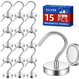 Junarter 15 Pack Silver Metal Magnetic Hooks,40lb+ Heavy Duty Strong Magnets with Hooks for Cruise Ship Walls,Strong Magnetic Ko
