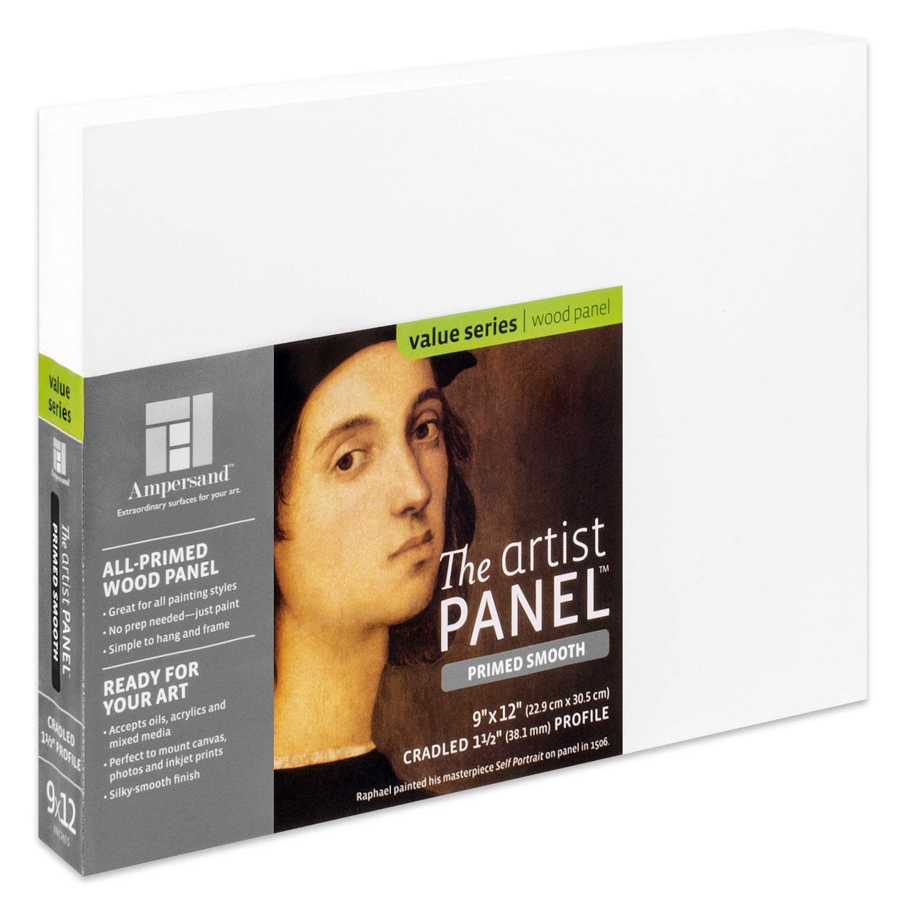 Ampersand Art Supply Wood Gesso Artist Painting Panel: Primed Smooth, 9,, X 12,,, 1-1/2,, Cradled Profile
