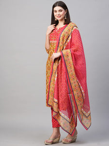 Gosriki Women'S Cotton Blend Printed Straight Kurta With Pant & Dupatta (Makshi Yellow-Nv-001_M-Gs_Yellow_Medium),Yellow,,B0BRFS7RC2