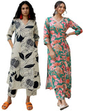 Anni Designer Women'S Cotton Blend Printed Straight Kurta With Pant Pack Of 2 (Anaar Beige-Chinki Green_L_Multi_Large),Multicolour,L