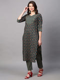 Anni Designer Women'S Cotton Blend Printed Straight Kurta With Pant (Grape Green-Nw01_S_Green_Small),Green,S,Cotton Blend,Regular,Pants