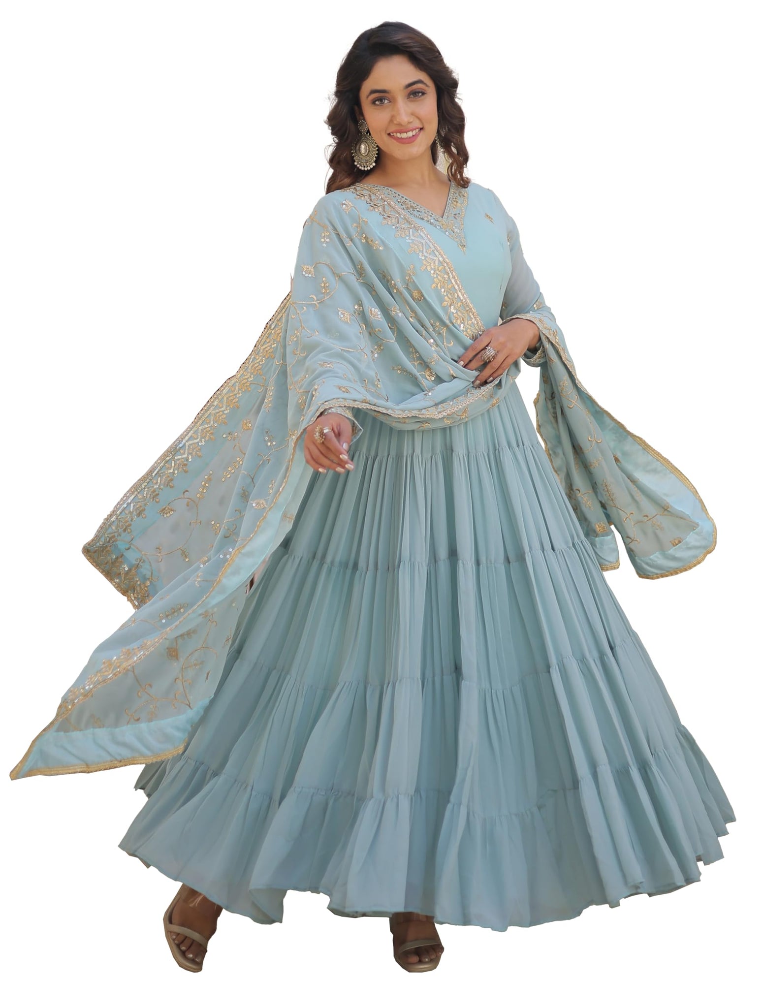 Fashion Basket Women's Georgette Anarkali kurta set & Duptta For Women (Sky Blue, L)