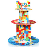 Zopeal Building Block Cupcake Stand 3 Tier Colorful Blocks Happy Birthday Theme Cupcake & Cake Stand Holder Cardboard Dessert To