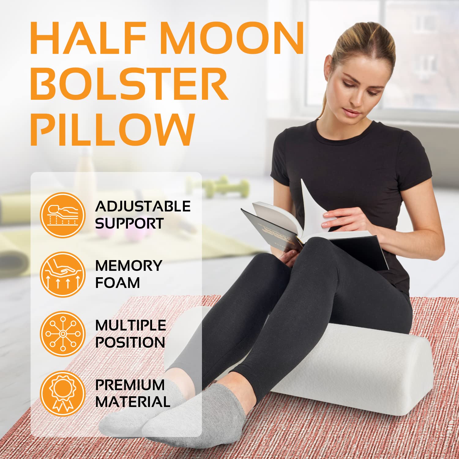 AllSett Health Large Half Moon Bolster Pillow for Legs, Knees, Lower Back and Head, Lumbar Support Pillow for Bed, Sleeping | Se