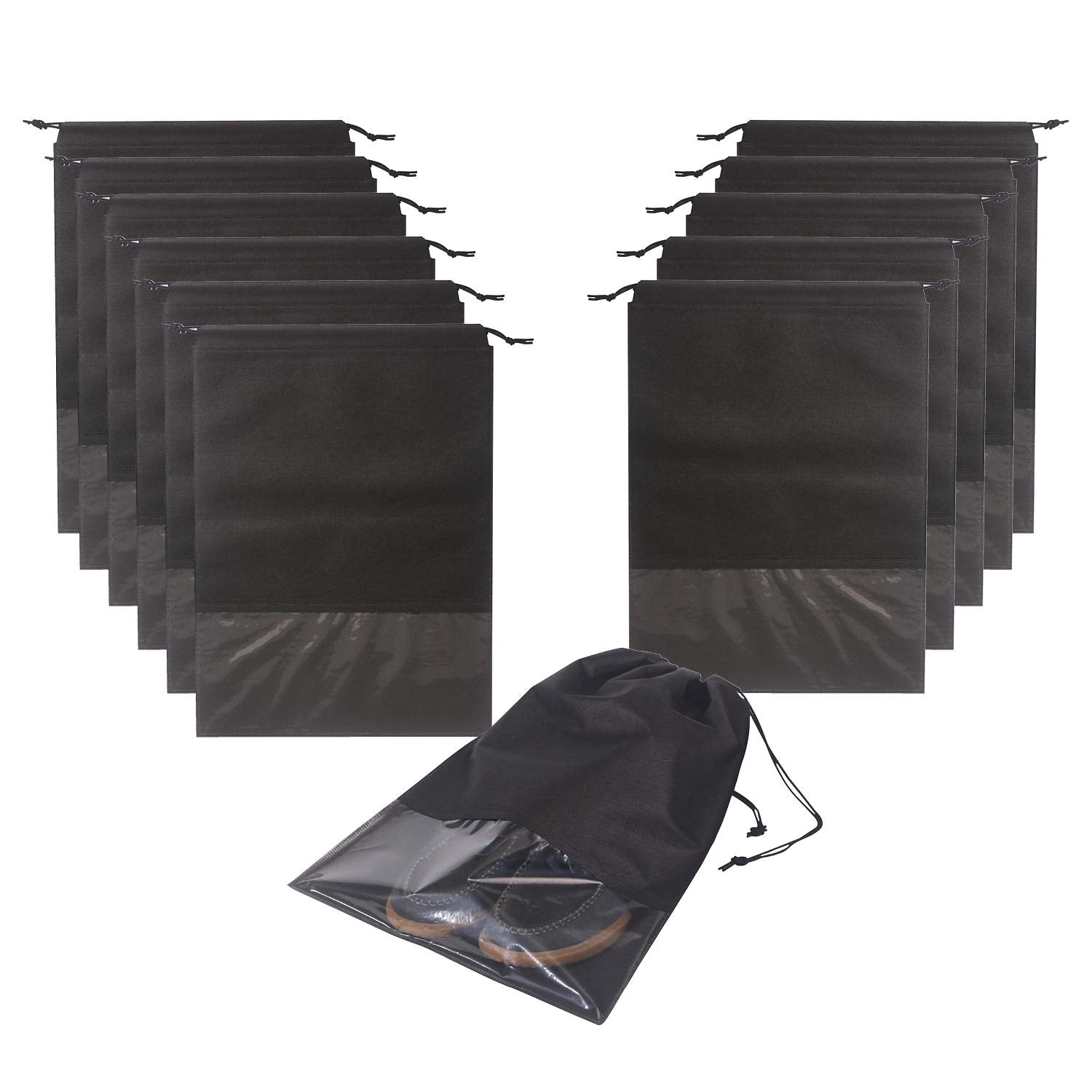 12Pcs Travel Shoe Bags With Rope For Men And Women Large Shoes Pouch Storage Packing Organizers, Black