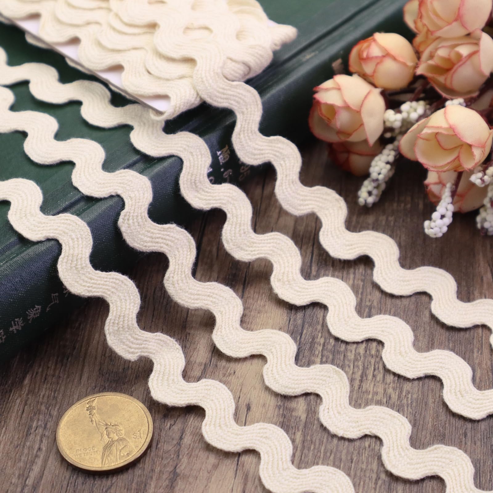 ZNZAKKA Rick Rack Trim Cotton Wave Bending Fringe Trim Beige Lace Ribbon for Sewing Crafts, Gift Wrapping Home Wedding Decoratio