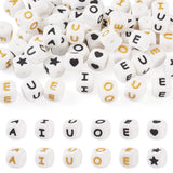 Boutigem 60Pcs Vowel Letter White Cube Silicone Beads 12x12mm A/E/I/O/U Alphabet Square Silicone Focal Beads Star Heart Cube Rub
