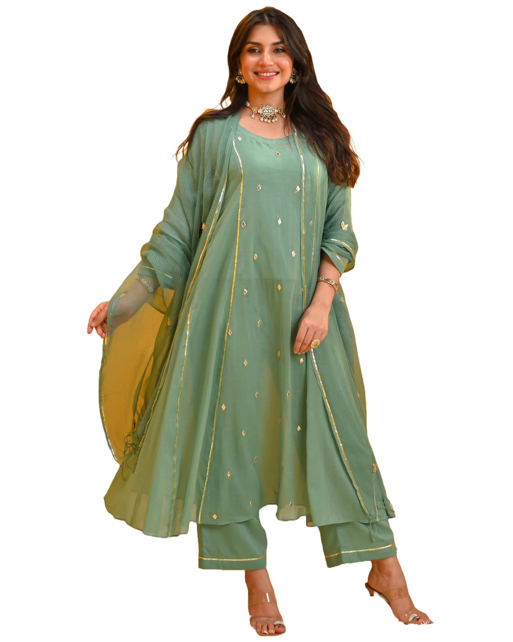 Anni Designer Women'S Rayon Viscose Embellished Anarkali Kurta With Pant & Dupatta (Tapuram Green_L_Green_Large),Green,L