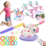 Outdoor Games Toys for Kids, 3 in 1 Rocket Launcher, Musical Jumping & Ring Toss Games with Remote Control, Unicorn Toys for Gir