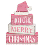 Moucuny 4 Pcs Christmas Table Decorations Pink Santa Hat Decor Christmas Tiered Tray Decor Rustic Wood Pink Hat Block Sign Gift 