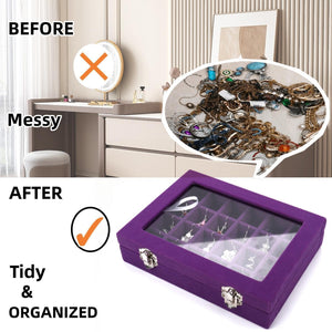 Ivosmart 24 Section Velvet Glass Jewelry Ring Display Organiser Box Tray Holder Earrings Storage Case (Purple)