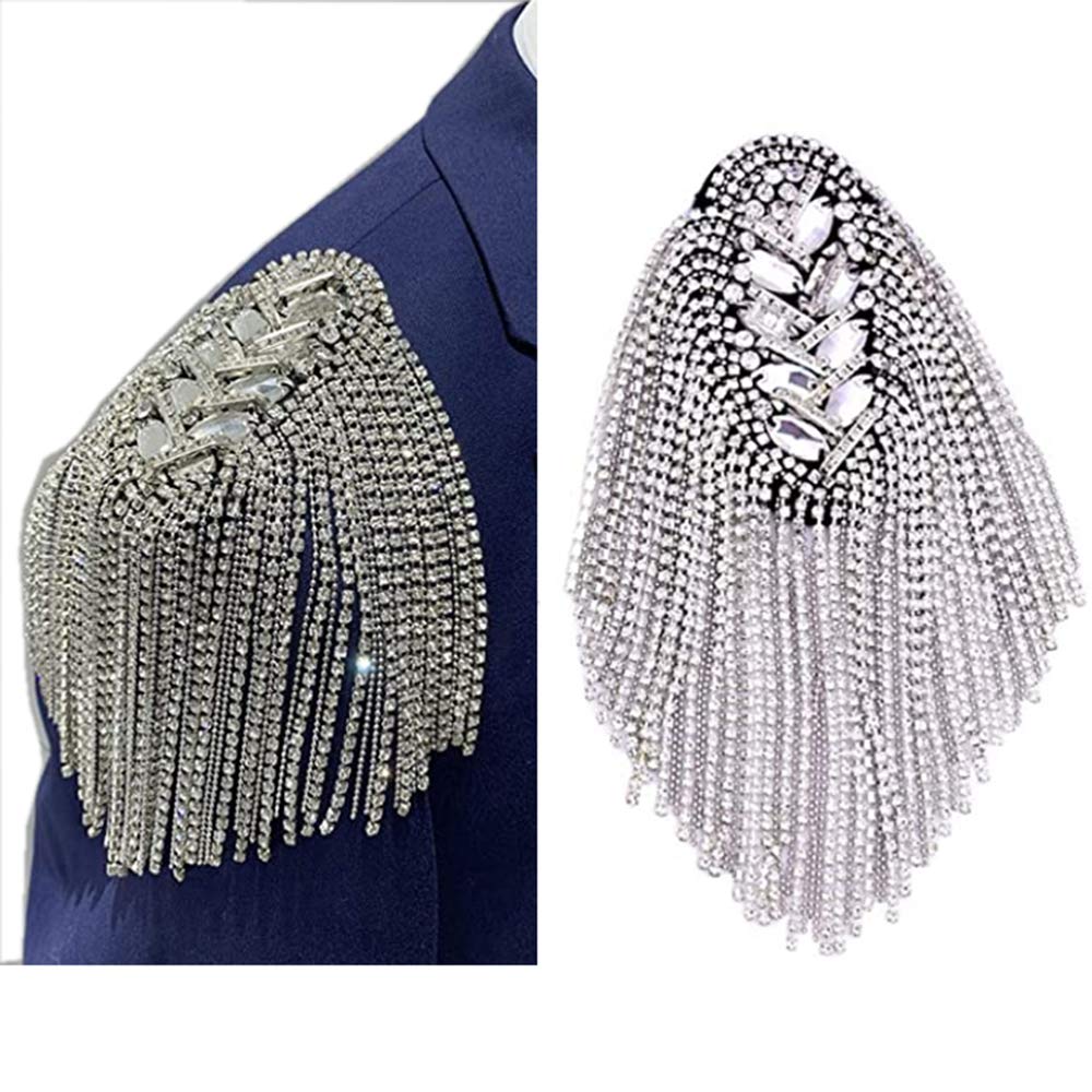 2pcs Rhinestone Tassel Shoulder Epaulet Spike Chain Shoulder Badge Brooch Pins for Man Woman