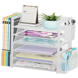 Simple Trending 6 Tier Desk File Organizer, Paper Letter Tray Organizer with File Holder and Pen Container, White