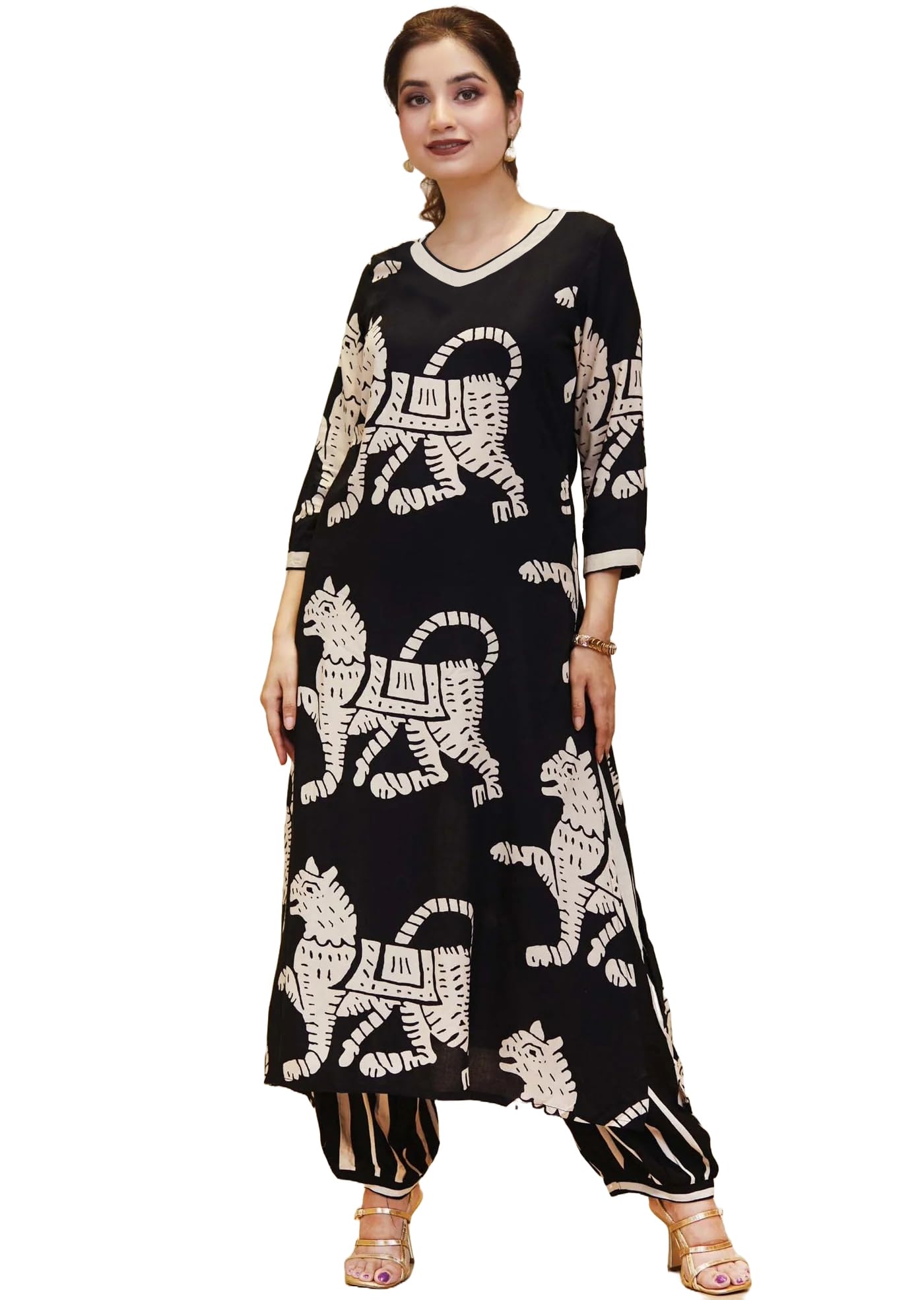 Anni Designer Women'S Cotton Blend Straight Printed Kurta With Pant (Lanka-Black-Nk_Xxl_Black_Xx-Large),Black,2XL,,,