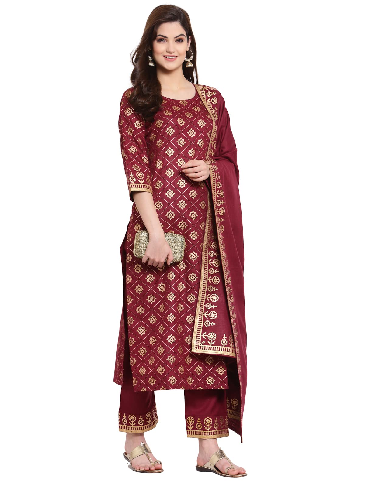 Anni Designer Women'S Straight Cotton Kurta With Palazzo & Dupatta (Kpzd-Cot-10001-New-Wine_Xl_Wine_X-Large),Wine,XL