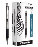 Zebra Pen F-301 Retractable Ballpoint Pen, Stainless Steel Barrel, Fine Point, 0.7mm, Black Ink (Pack of 6, 72 Count Total)