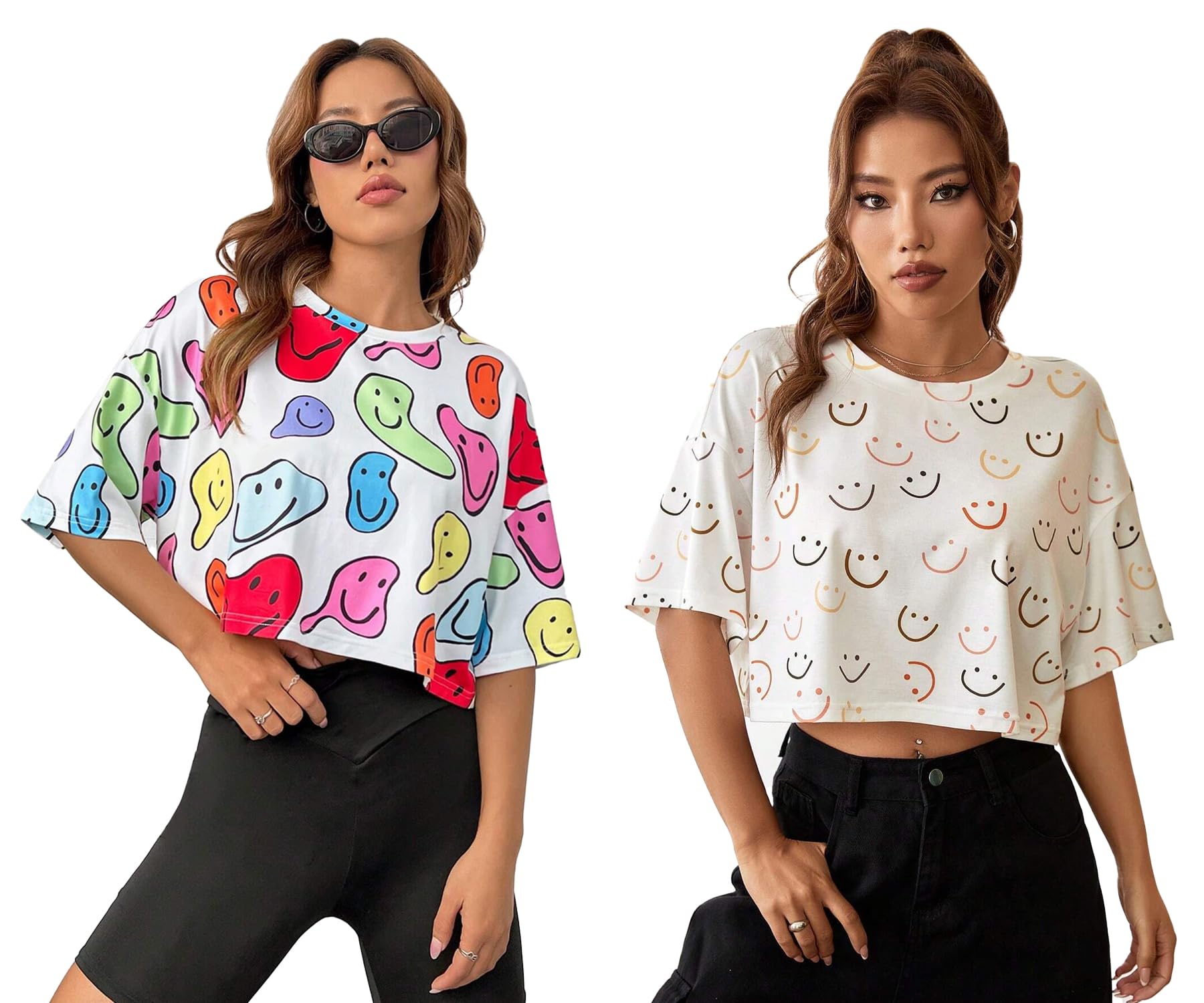 Toplot Women'S Casual Printed Crop Top With Half Sleeve Pack Of 2 (Combo-5098-Mlt-Sml-L),Multi-Smile,,B0CFTW8J4F