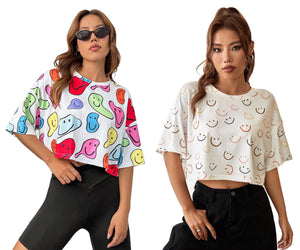 Toplot Women'S Casual Printed Crop Top With Half Sleeve Pack Of 2 (Combo-5098-Mlt-Sml-L),Multi-Smile,,B0CFTW8J4F