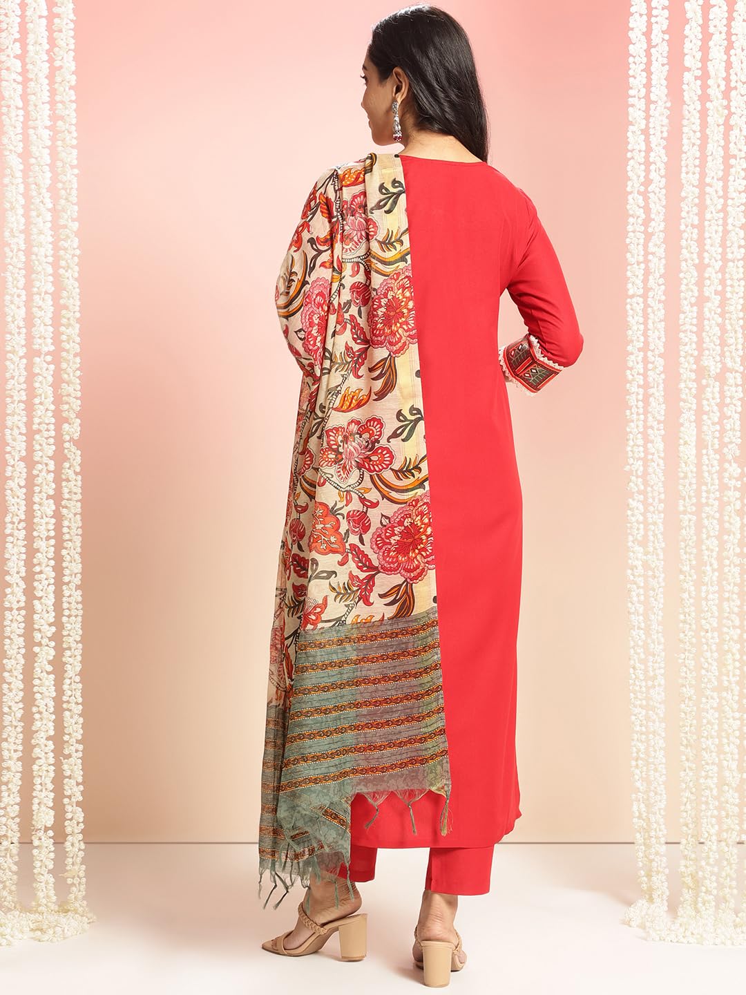 Anni Designer Women'S Rayon Viscose Floral Straight Kurta With Pant & Dupatta (Dhar-Clrs-Rb_Red_Medium),Red,M,Rayon,Casual,