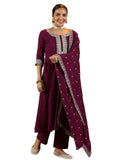 Libas Maroon Silk Blend Yoke Design Kurta Sets For Women