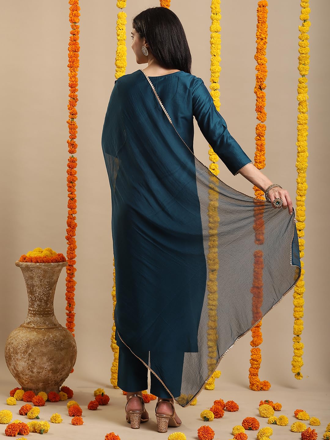 Anni Designer Women'S Rayon Blend Straight Embroidered Kurta With Pant & Dupatta (Sikand Cerosin_S_Dark Blue_Small),Dark Blue,S,Rayon Blend,Regular,