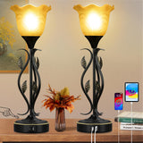 20 Table Lamps for Living Room - Set of 2 Touch Bedside Lamps with USB C Ports, Leafy Vines Amber Flower Shade, Torchiere Design