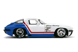 1963 Chevrolet Corvette Stingray White And Blue With Red Stripe Chevy Racing Bigtime Muscle 1/24 Diecast Model Car By Ja