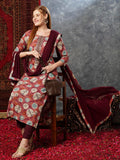 Anni Designer Women'S Cotton Blend Straight Printed Kurta With Pant & Dupatta (Tashi Wine-Jb_Xl_Wine_X-Large),Wine,XL,,,