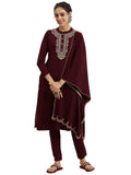 Libas Womens Yoke Design Wool Straight Kurta With Trousers And Dupatta