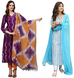Anni Designer Women'S Cotton Blend Printed Straight Kurta With Pant & Dupatta Pack Of 2 (Combo-Mukhi Pink-April-Sky Blue_L_Multi_Large),Multicolour,L