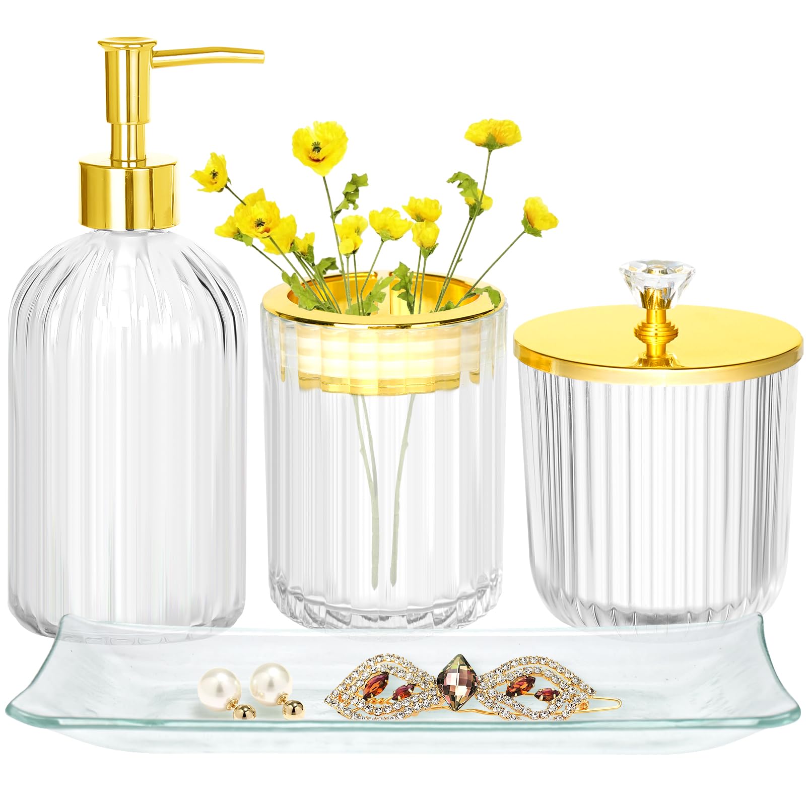Bathroom Accessories Set, 4Pcs Clear and Gold Glass Bathroom Accessories Sets Complete w/Lotion Soap Dispenser, Toothbrush Holde