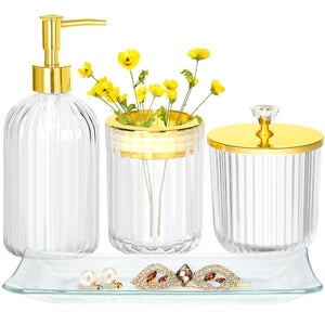 Bathroom Accessories Set, 4Pcs Clear and Gold Glass Bathroom Accessories Sets Complete w/Lotion Soap Dispenser, Toothbrush Holde