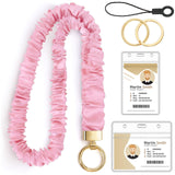 HONSIO Scrunchie Teacher Lanyards for ID Badges, Cute Neck Lanyard for Keys Stretchy Straps with Card Holder for Women, Pink