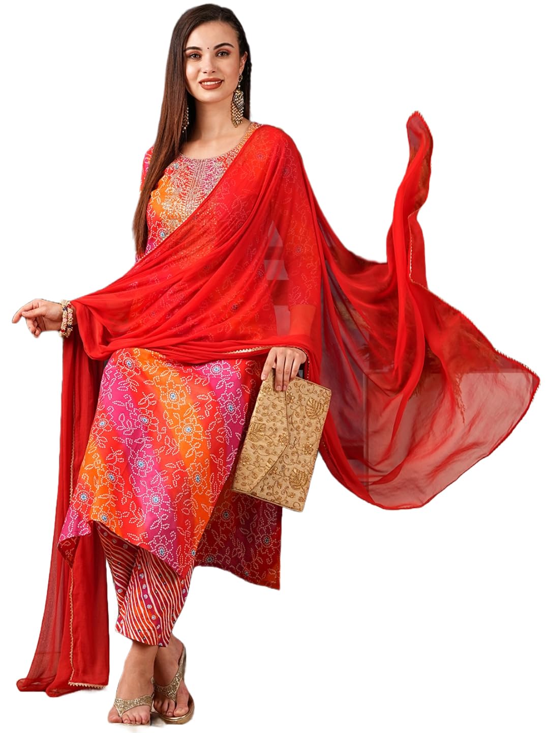 Gosriki Women'S Cotton Blend Straight Printed Kurta With Pant & Dupatta (Vedhabali Pink-Gs_S_Pink_Small),Pink,,B0D5VJCNJ9