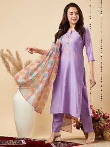 Gosriki Women'S Cotton Blend Embroidered Straight Kurta With Pant & Dupatta (Virah Purple-Nw-Gs_L_Purple_Large),Purple,,B0CJY7NL15