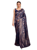 Satrani Women's Silk Banarasi Jacquard Saree with Unstitched Blouse Piece (3857S223N_Dark Navy Blue)