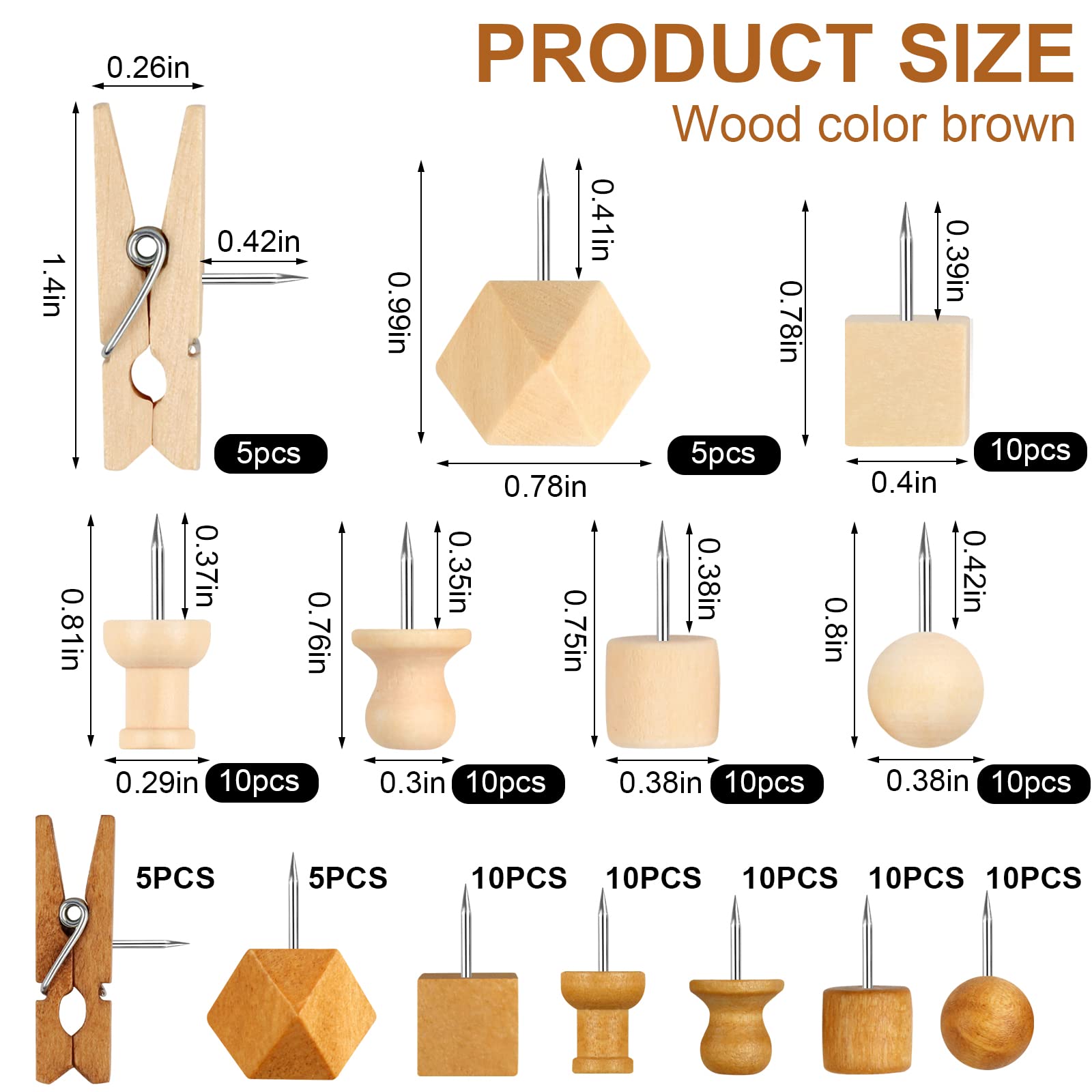 120Pcs Wooden Thumb Tacks, Wood and Brown Push Pins, 7 Shapes Push Pins for Cork Board Decoration Tacks, Push Pins for Wall for
