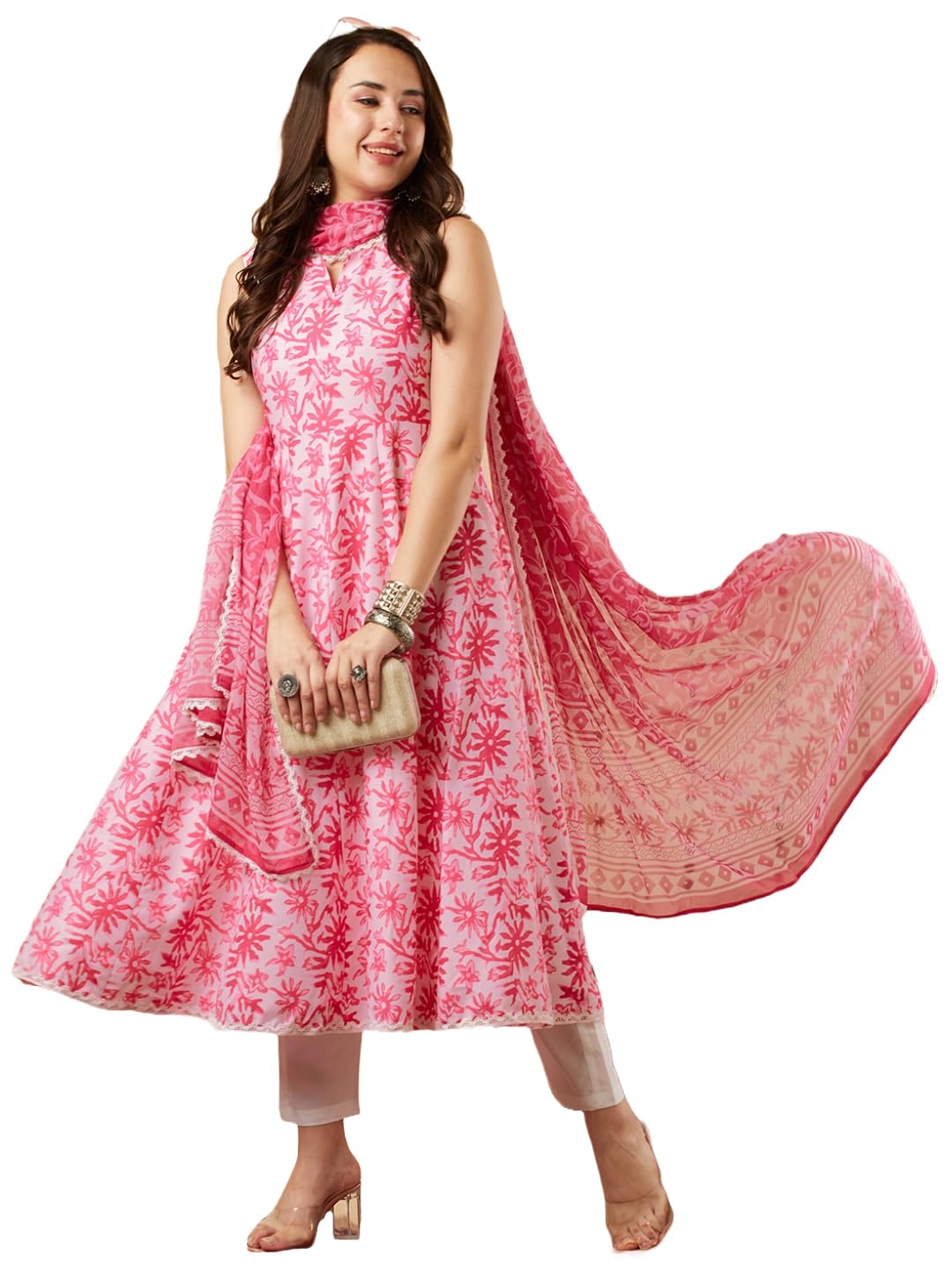 Anni Designer Women'S Cotton Blend Anarkali Printed Kurta With Pant & Dupatta (Nilam Pink-Nw_Xxl_Pink_Xx-Large),Pink,2XL