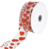 1.5 Flock Heart Organza Wired Edge Ribbon Love Valentine 25 Yard Roll (White Organza)