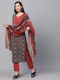 Gosriki Women'S Cotton Blend Straight Printed Kurta With Pant & Dupatta Set (Makshi Red-Nv_S-Gs_Red_Small),Red,,B0BL1D36BZ