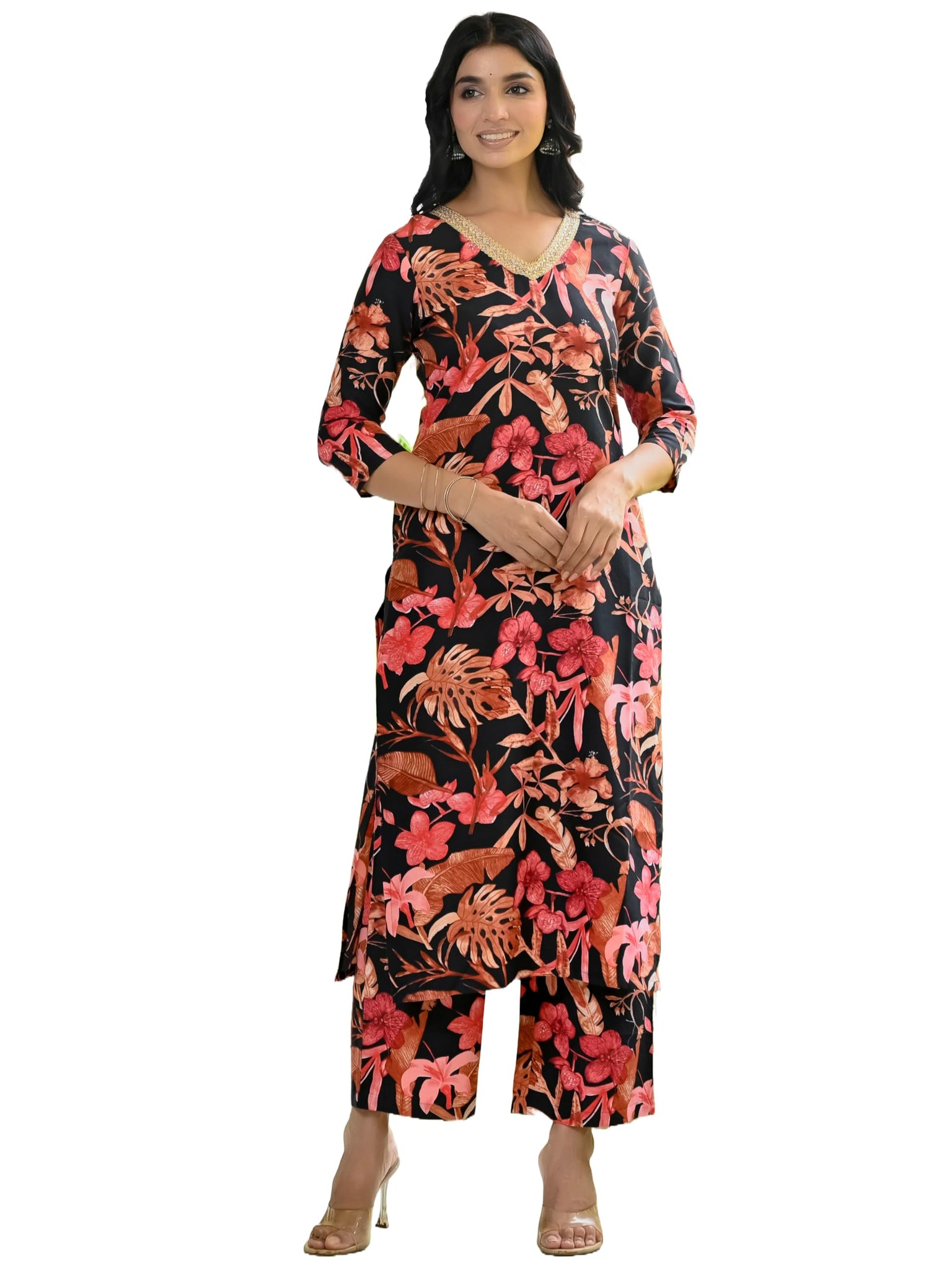 Anni Designer Women'S Cotton Blend Straight Printed Kurta With Palazzo (Chinki Black_S_Black_Small),Black,S