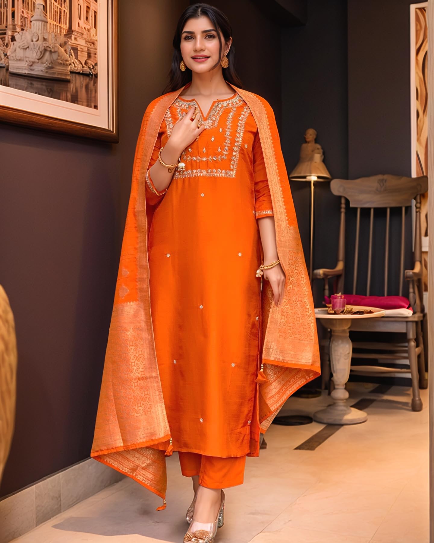 Anni Designer Women'S Silk Blend Straight Embroidered Kurta With Pant & Dupatta (Manushi Orange-Vks05_Xl_Orange_X-Large),Orange,XL,Rayon,Regular,