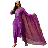 Anni Designer Women'S Cotton Blend Embroidered Straight Kurta With Pant & Dupatta (Kasturi Magenta_S_Magenta_Small),Magenta,S