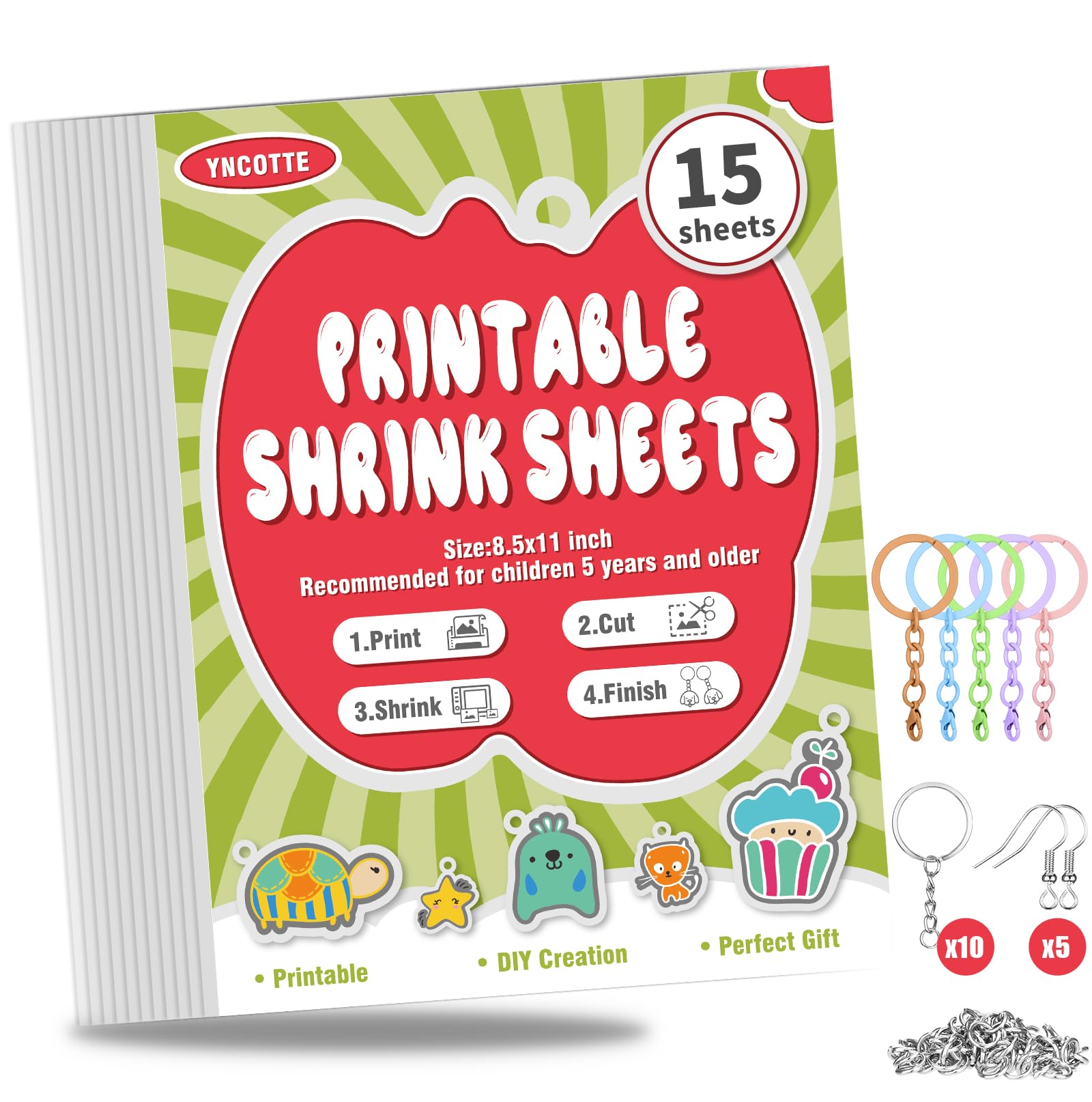 15 Pcs Printable Shrinky Dink Sheets, Safe Printable Shrink Plastic Sheet Films Paper Set with Key Rings, Earring Accessories fo