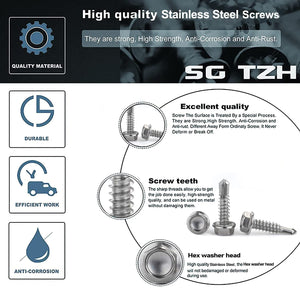 #12 x 2 Sheet Metal Screws 100PCS 410 Stainless Steel Hex Washer Head Fast Self Tapping Screws by SG TZH