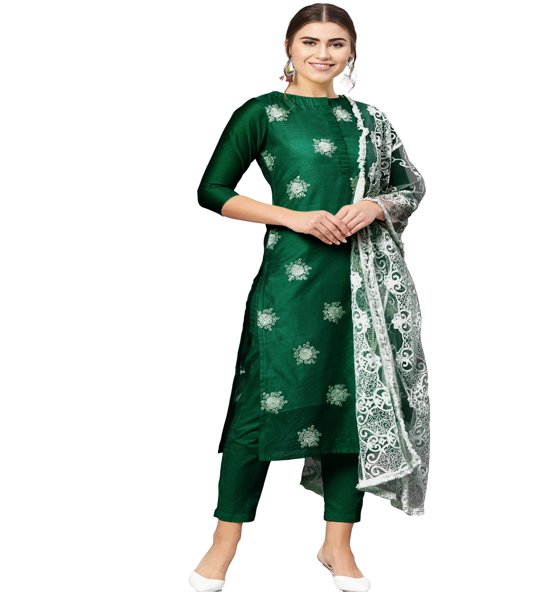 Anni Designer Women'S Ruby Cotton Straight Embroidery Kurti With Pant & Dupatta Set (White-Show Green_M Green_Medium),Green,M