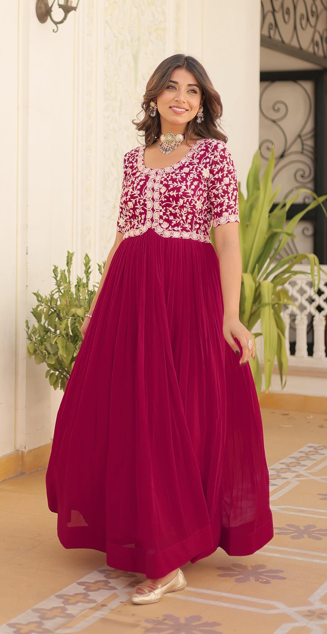 Fashion Basket Georgette Embroidered Anarkali Gown For Women Pink Pink M E6246