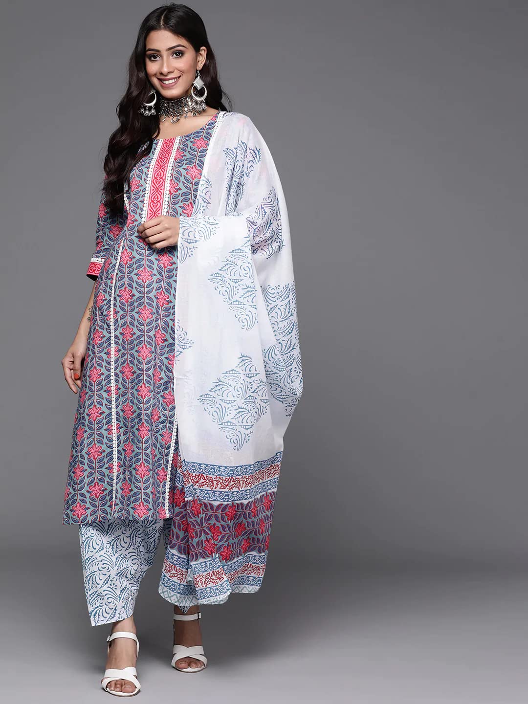 Anni Designer Women'S Cotton Blend Straight Printed Kurta With Pant & Dupatta (Uvesh Grey_Xxl_Grey_Xx-Large),Grey,2XL,Cotton Blend,Straight,Pants, Dupatta